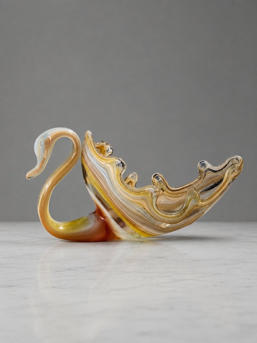 Vintage Murano Style Hand Blown Multicolor Art Glass Swan Bowl Centerpiece